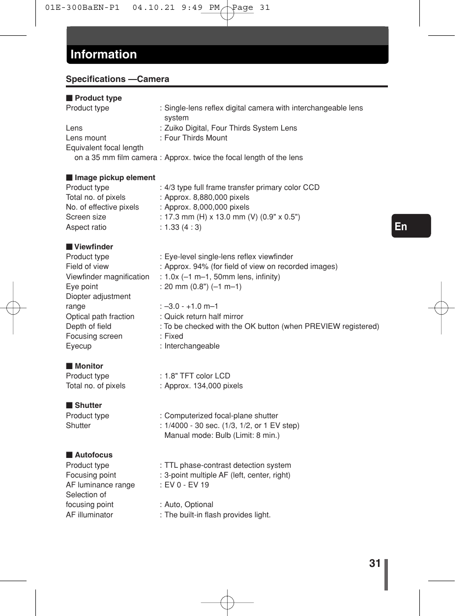 Information, 31 en | Olympus EVOLT E-300 User Manual | Page 31 / 34