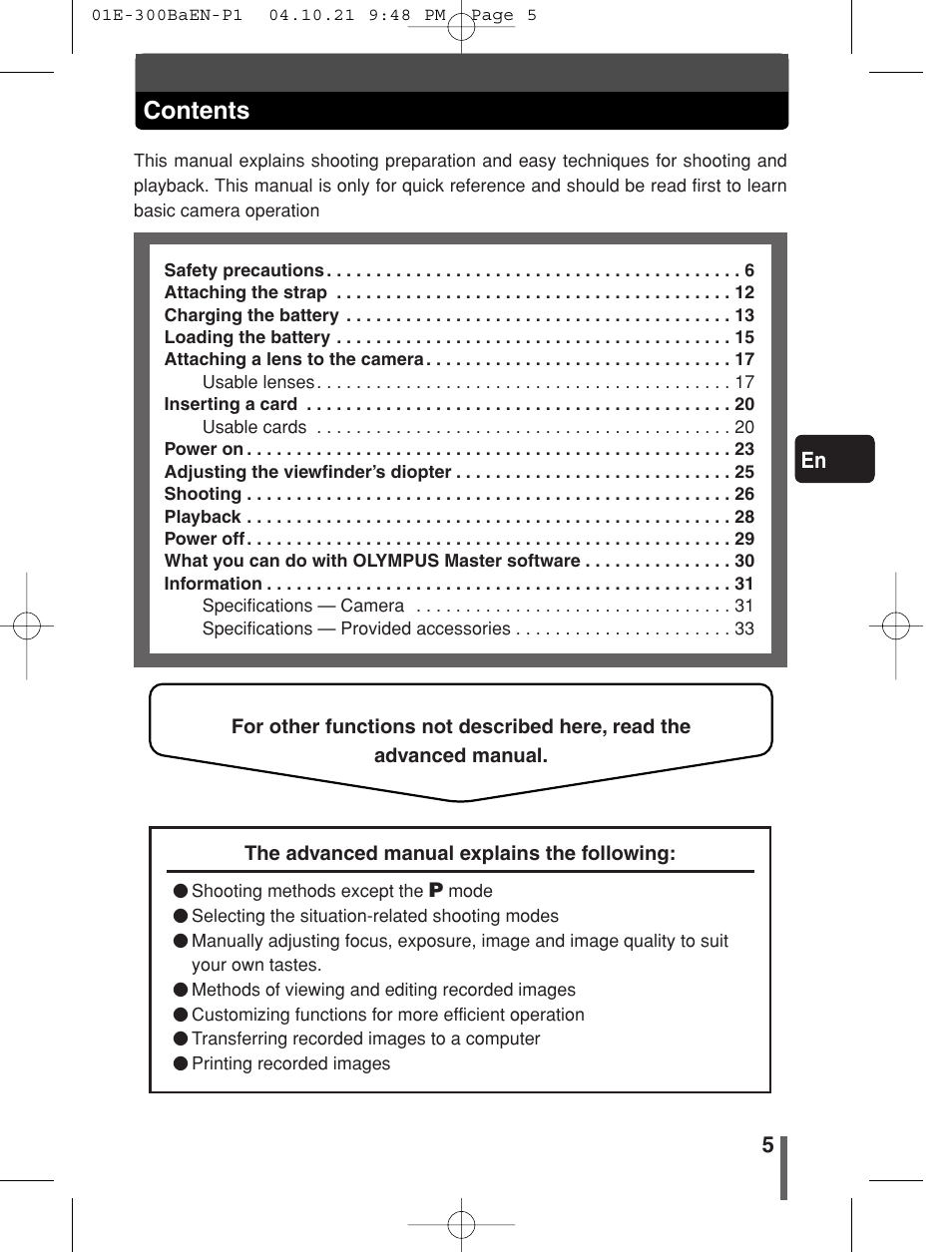 Olympus EVOLT E-300 User Manual | Page 5 / 34