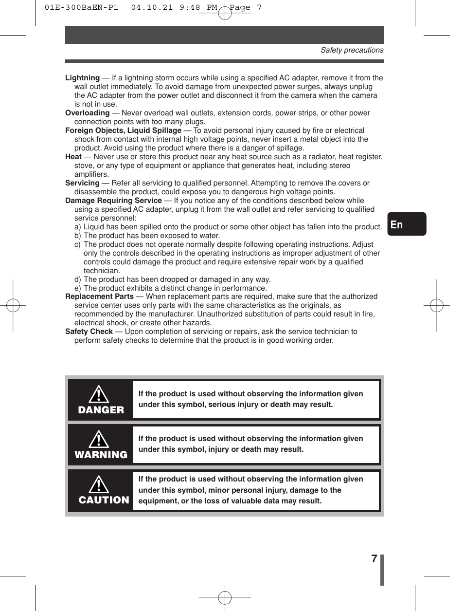 Danger, Warning, Caution | Olympus EVOLT E-300 User Manual | Page 7 / 34