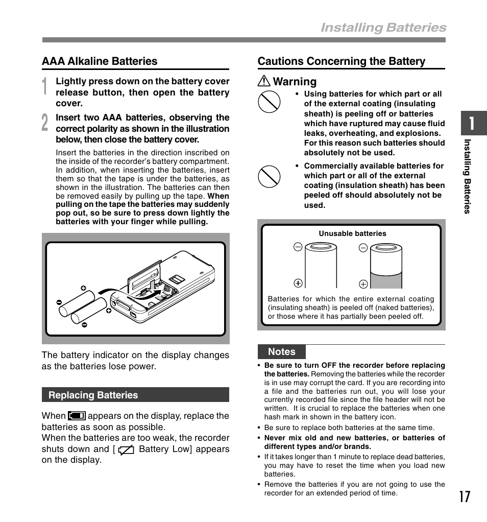 Installing batteries | Olympus DS-5000ID User Manual | Page 17 / 83
