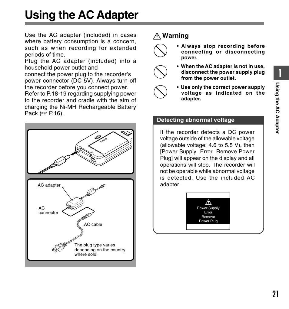 Using the ac adapter | Olympus DS-5000ID User Manual | Page 21 / 83