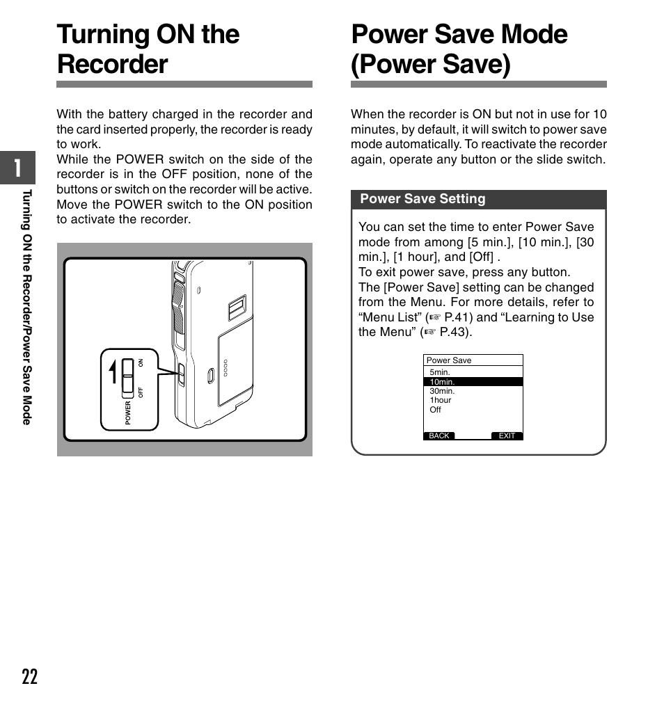Turning on the recorder, Power save mode (power save) | Olympus DS-5000ID User Manual | Page 22 / 83