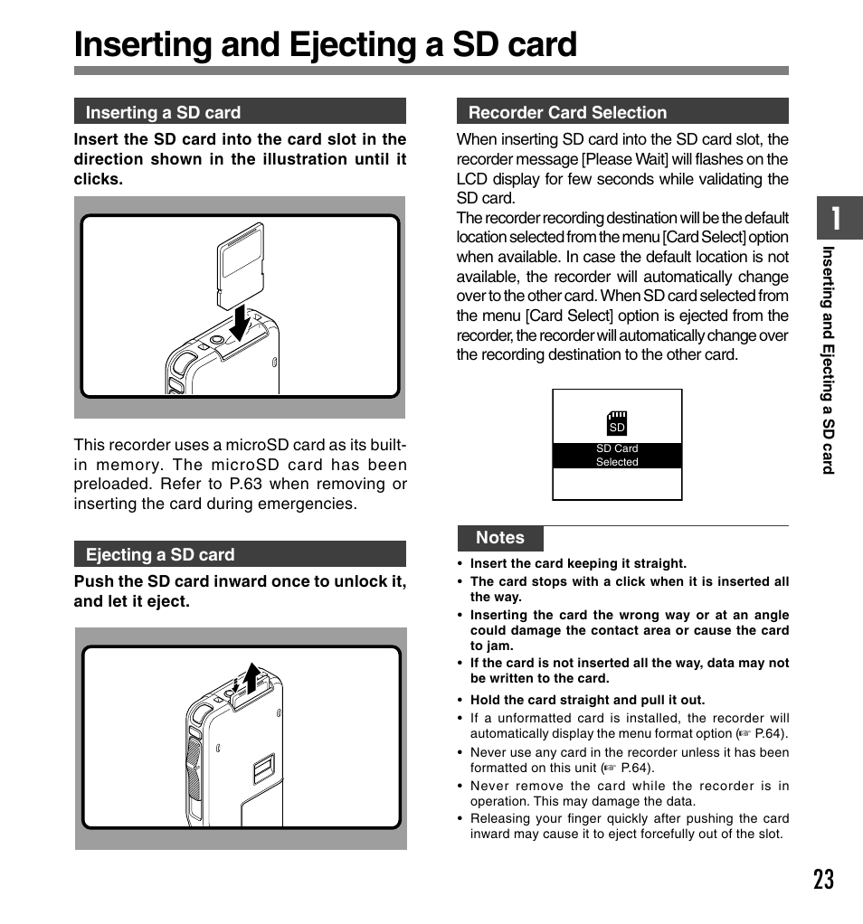 Inserting and ejecting a sd card | Olympus DS-5000ID User Manual | Page 23 / 83