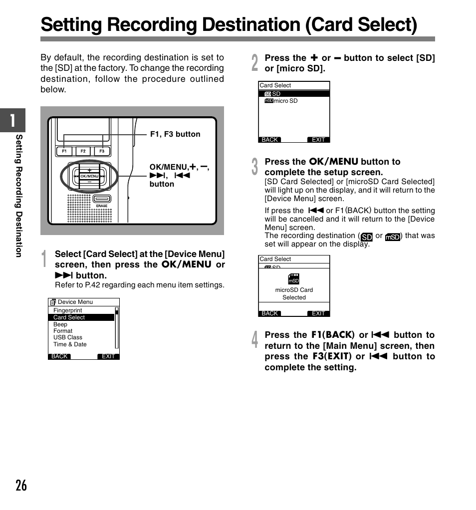 Setting recording destination (card select) | Olympus DS-5000ID User Manual | Page 26 / 83