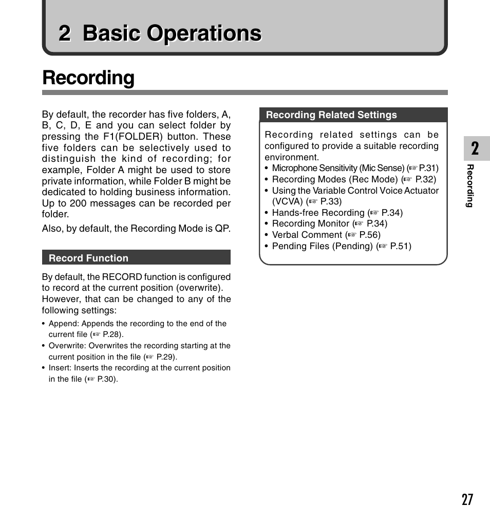 2 basic operations, Recording | Olympus DS-5000ID User Manual | Page 27 / 83