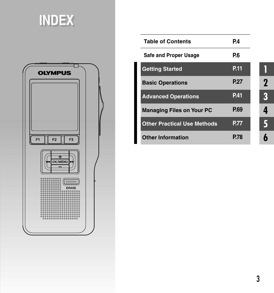 Index | Olympus DS-5000ID User Manual | Page 3 / 83