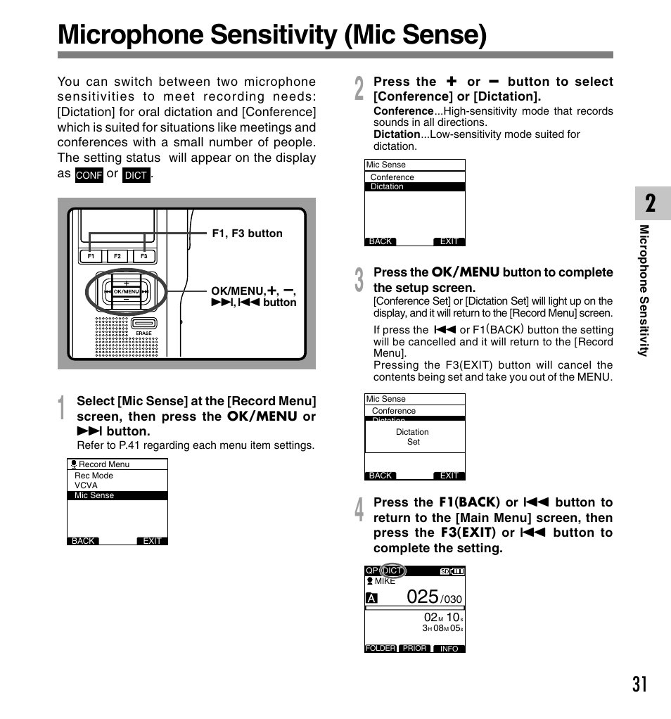 Microphone sensitivity (mic sense) | Olympus DS-5000ID User Manual | Page 31 / 83