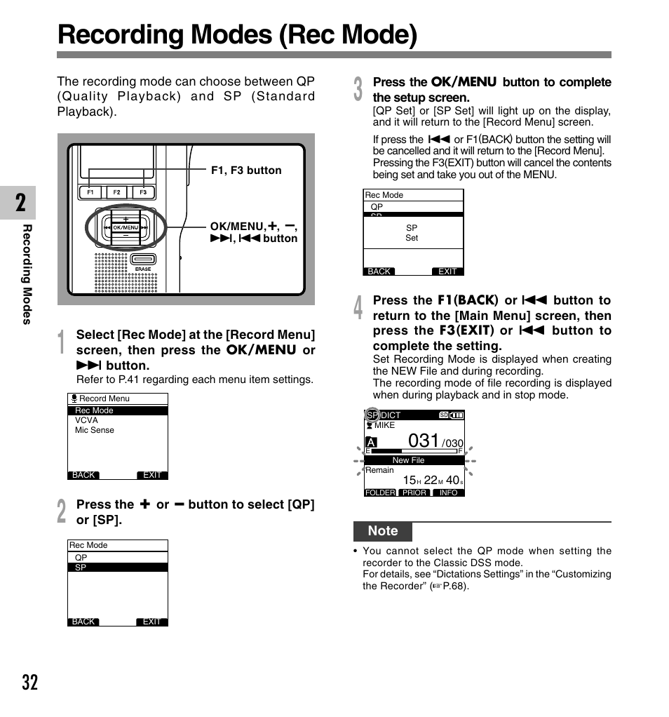 Recording modes (rec mode) | Olympus DS-5000ID User Manual | Page 32 / 83