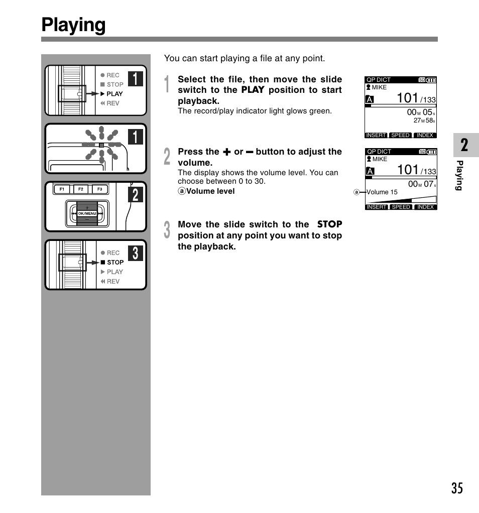 Playing | Olympus DS-5000ID User Manual | Page 35 / 83