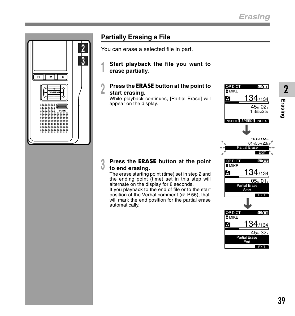 Erasing, Partially erasing a file | Olympus DS-5000ID User Manual | Page 39 / 83