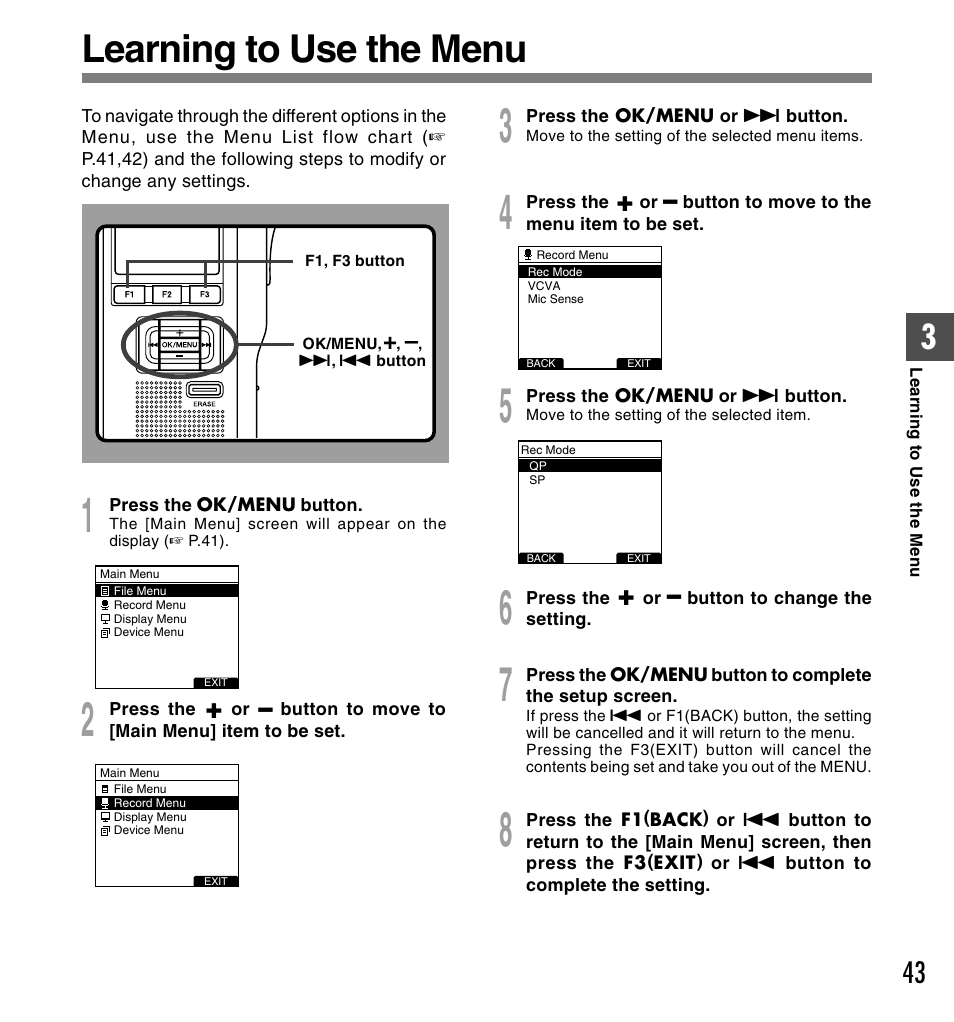 Learning to use the menu | Olympus DS-5000ID User Manual | Page 43 / 83