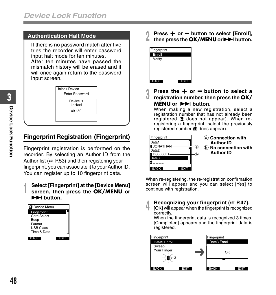 Device lock function, Fingerprint registration (fingerprint) | Olympus DS-5000ID User Manual | Page 48 / 83