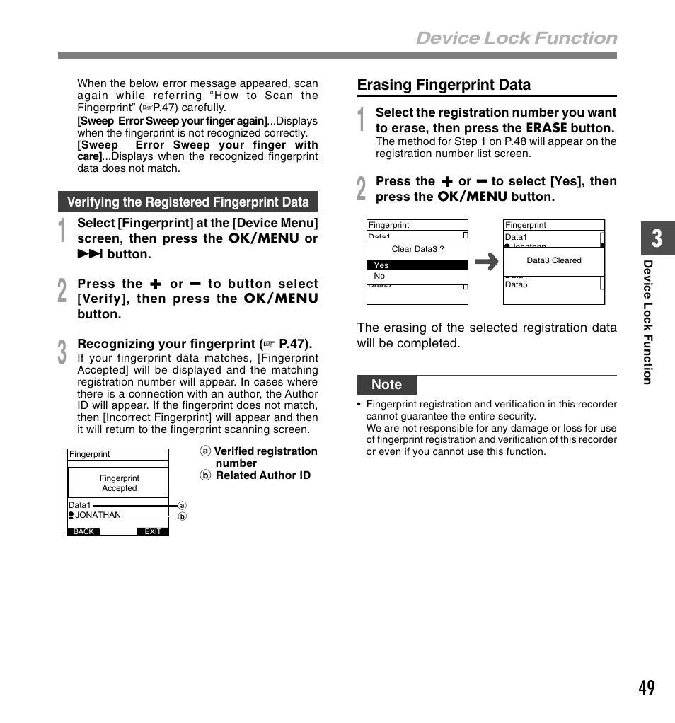 Device lock function | Olympus DS-5000ID User Manual | Page 49 / 83
