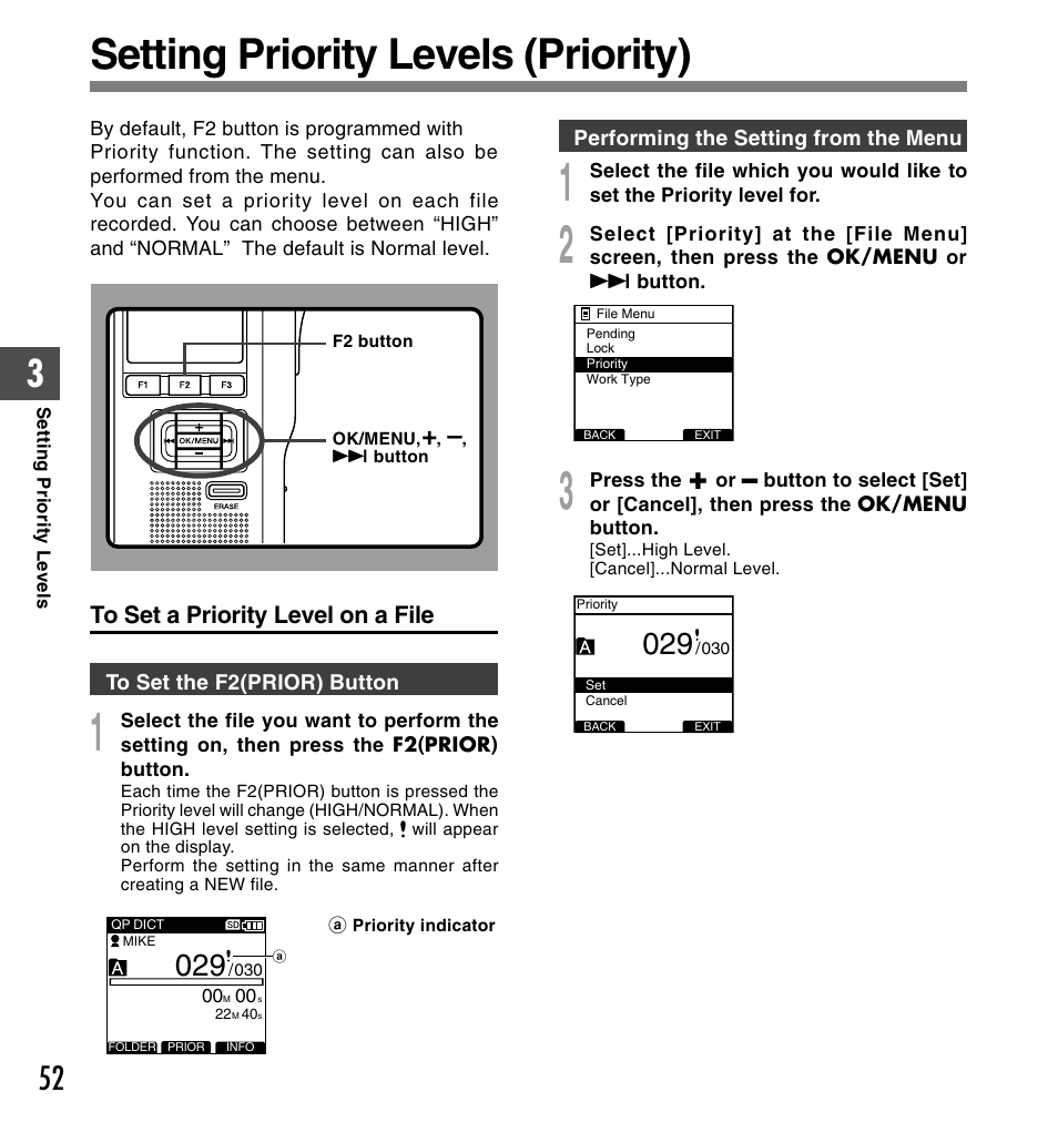 Setting priority levels (priority) | Olympus DS-5000ID User Manual | Page 52 / 83