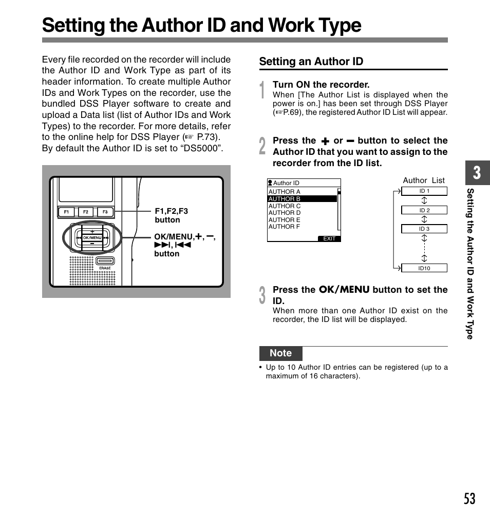 Setting the author id and work type | Olympus DS-5000ID User Manual | Page 53 / 83