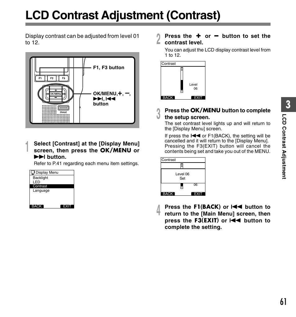 Lcd contrast adjustment (contrast) | Olympus DS-5000ID User Manual | Page 61 / 83