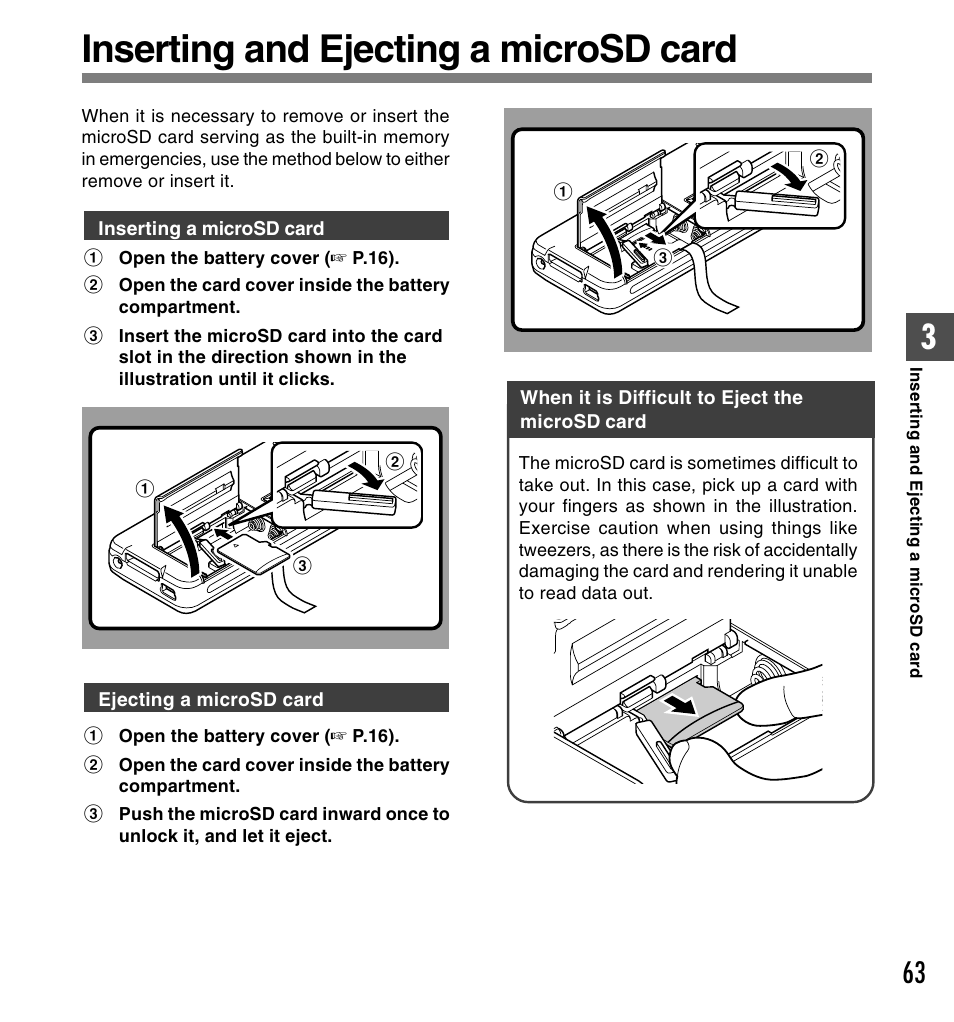 Inserting and ejecting a microsd card | Olympus DS-5000ID User Manual | Page 63 / 83
