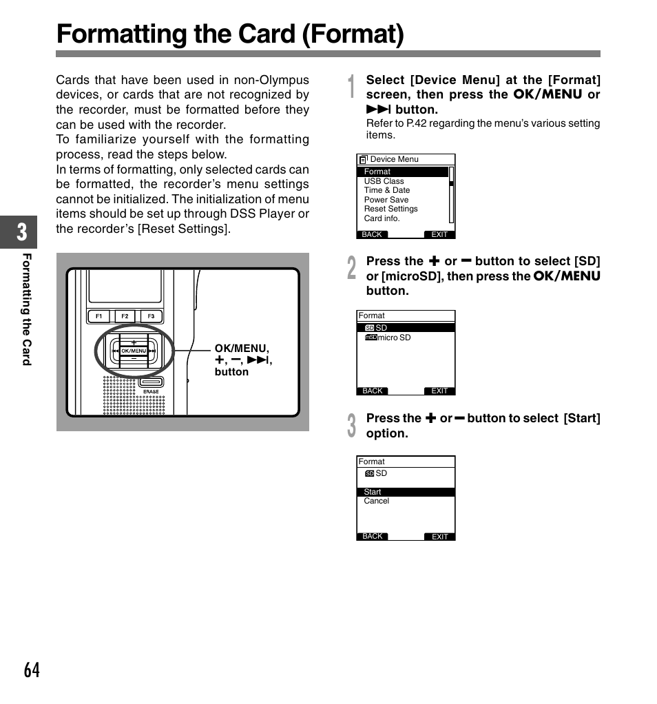 Formatting the card (format) | Olympus DS-5000ID User Manual | Page 64 / 83