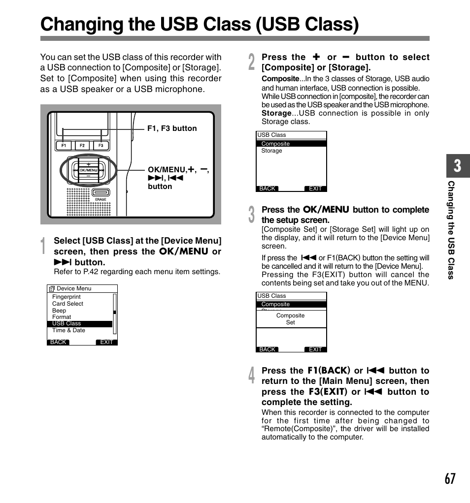 Changing the usb class (usb class) | Olympus DS-5000ID User Manual | Page 67 / 83