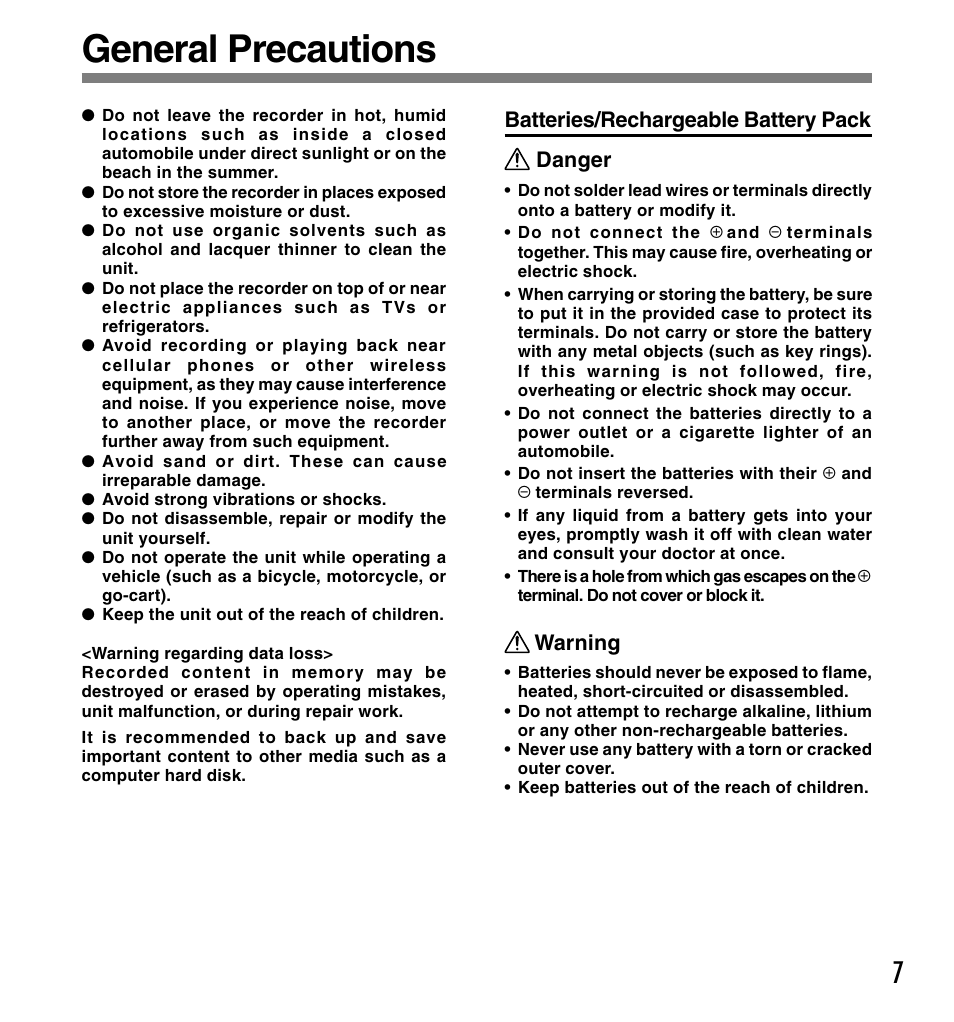 General precautions, Batteries/rechargeable battery pack danger, Warning | Olympus DS-5000ID User Manual | Page 7 / 83