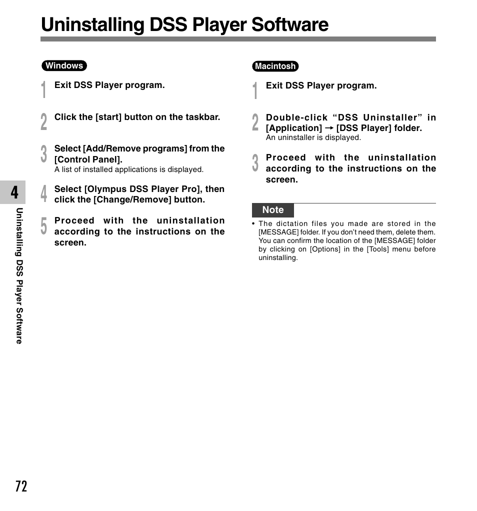 Uninstalling dss player software | Olympus DS-5000ID User Manual | Page 72 / 83