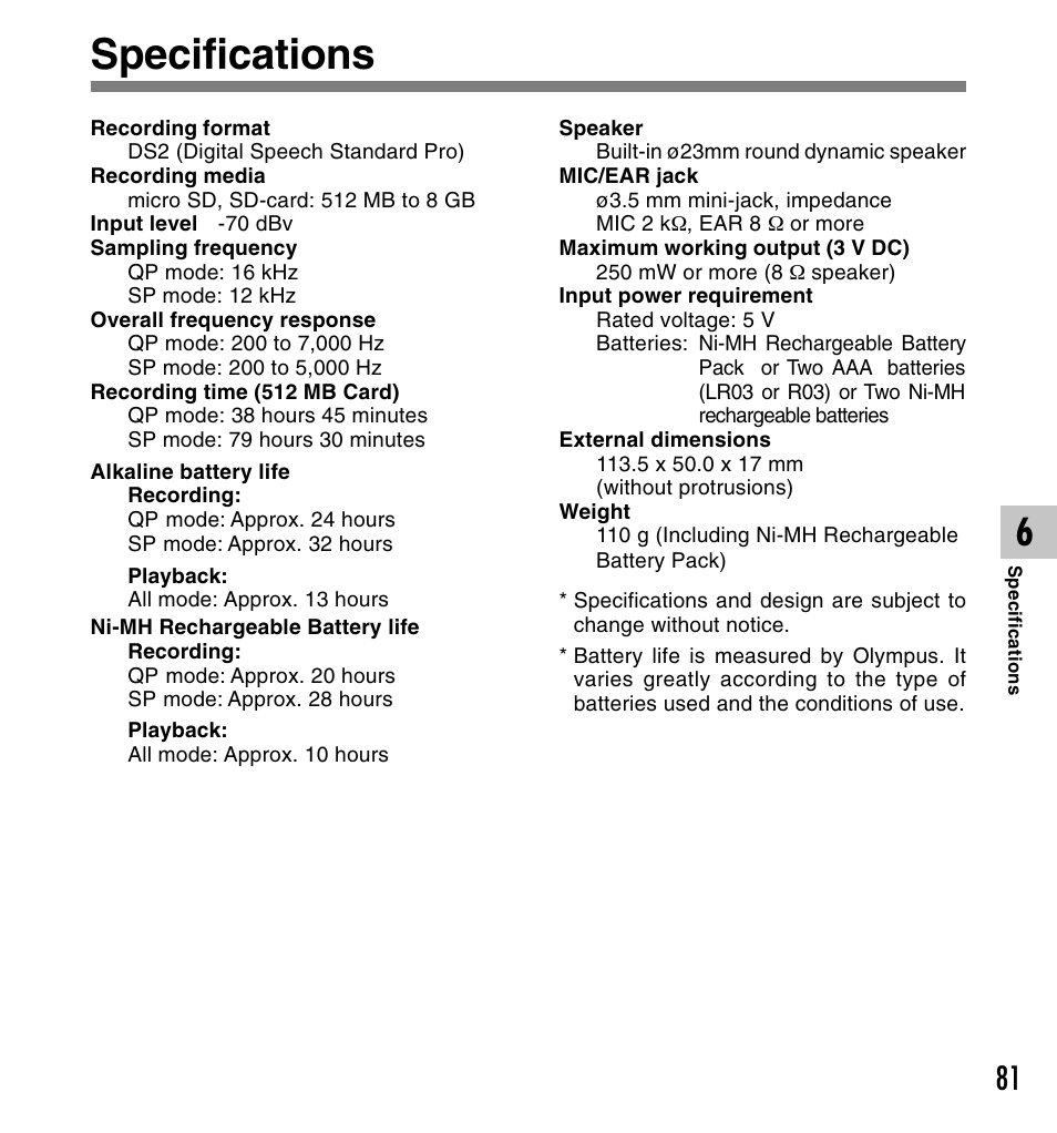 Specifications | Olympus DS-5000ID User Manual | Page 81 / 83