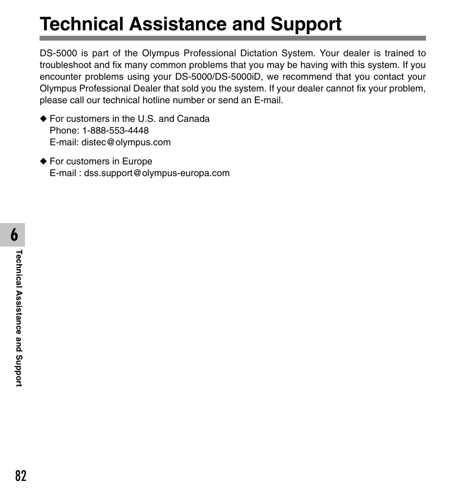 Technical assistance and support | Olympus DS-5000ID User Manual | Page 82 / 83