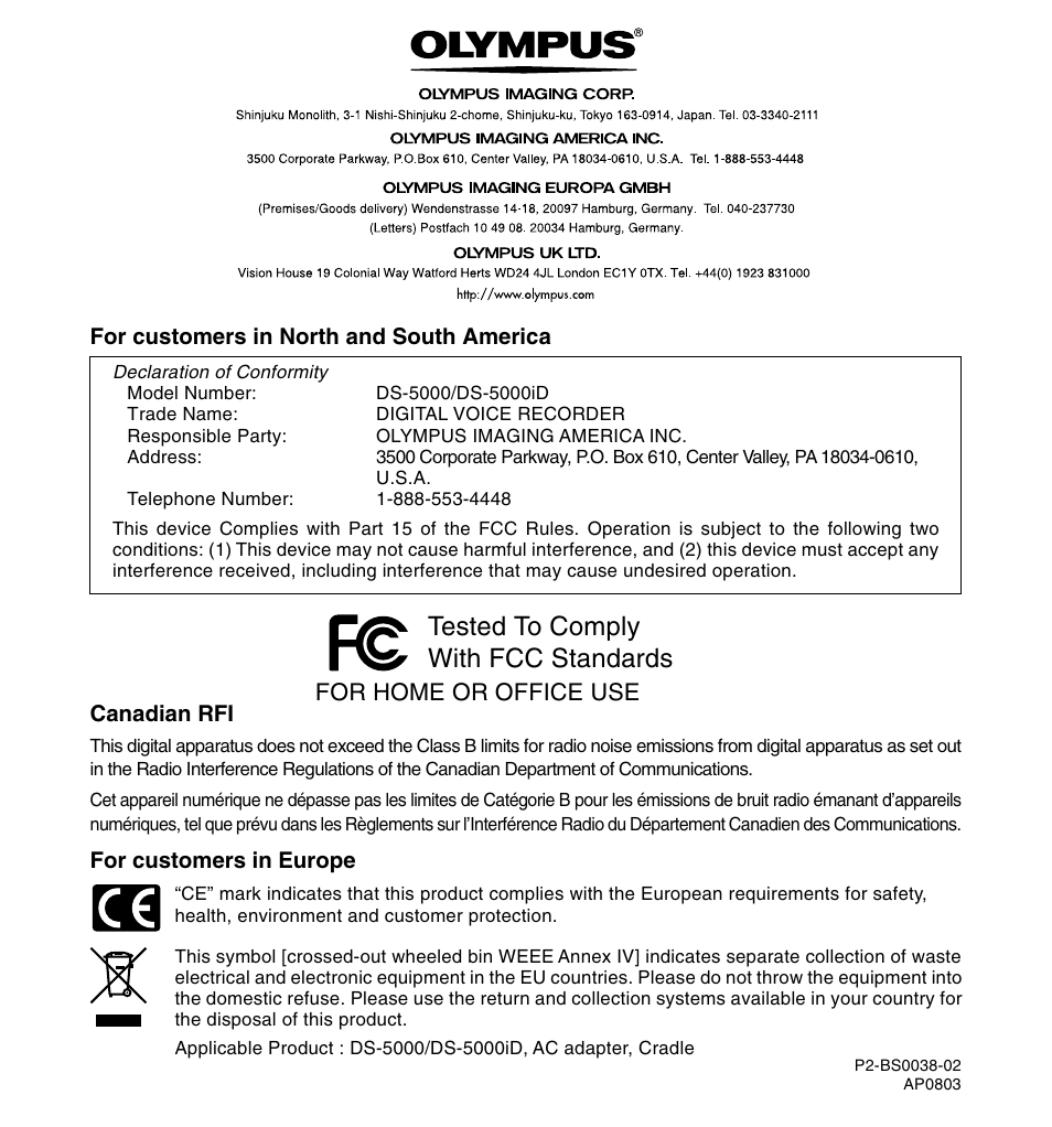 Tested to comply with fcc standards, For home or office use | Olympus DS-5000ID User Manual | Page 83 / 83