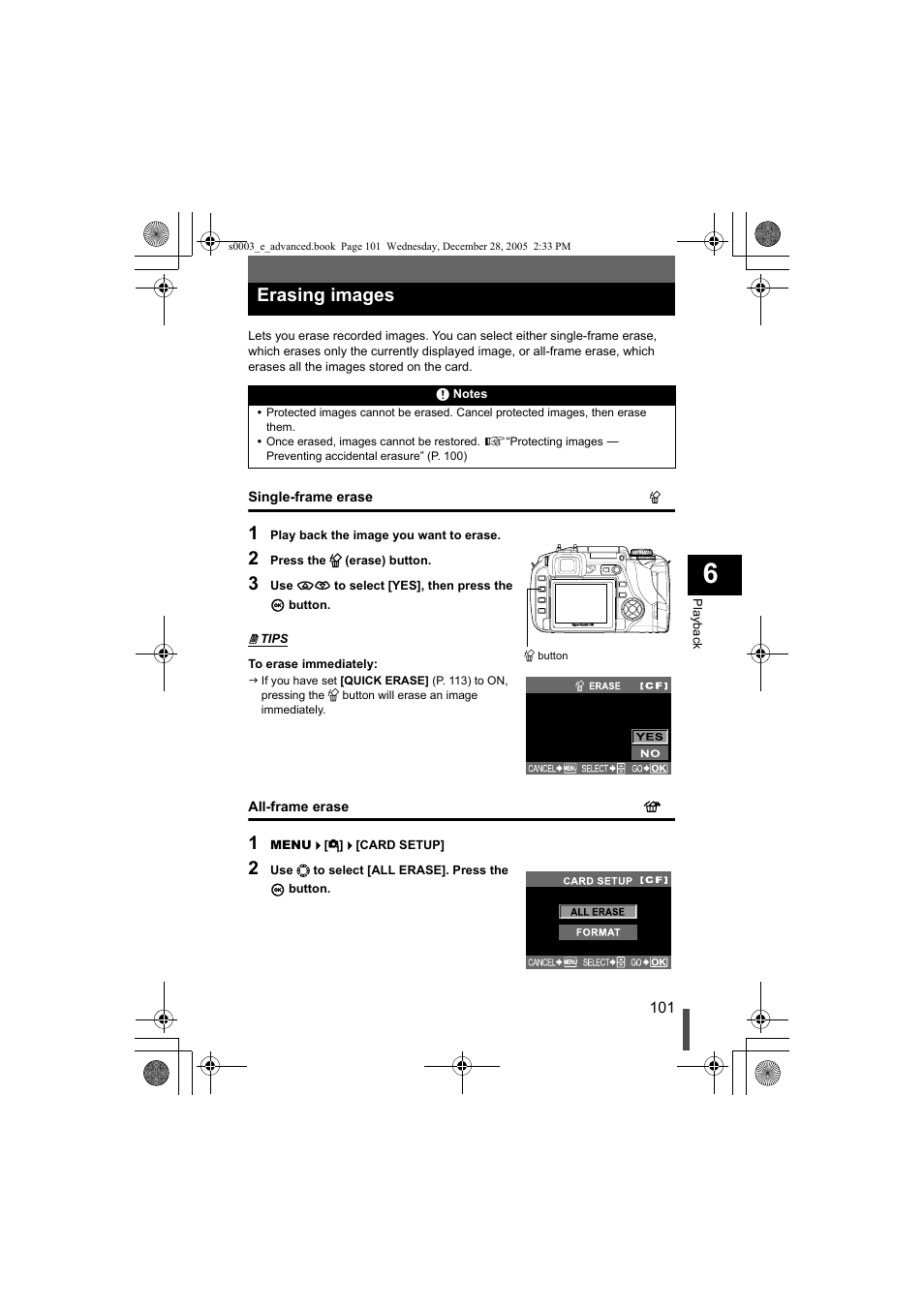 Erasing images, Single-frame erase all-frame erase | Olympus EVOLT E-330 User Manual | Page 101 / 196