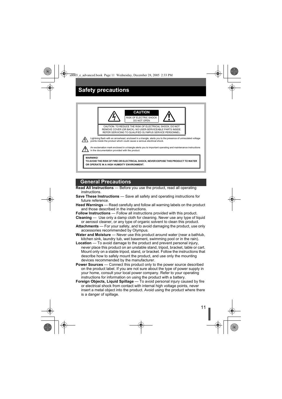 Safety precautions, General precautions | Olympus EVOLT E-330 User Manual | Page 11 / 196