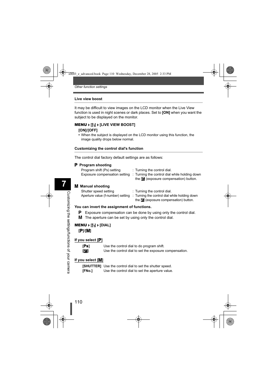 G“customizing the control, Dial's function” (p. 110) | Olympus EVOLT E-330 User Manual | Page 110 / 196