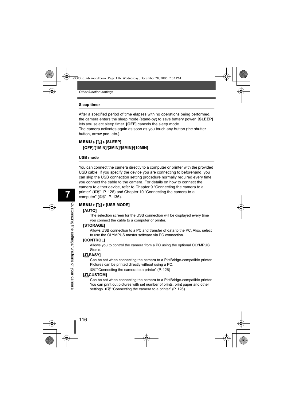 Sleep timer usb mode | Olympus EVOLT E-330 User Manual | Page 116 / 196