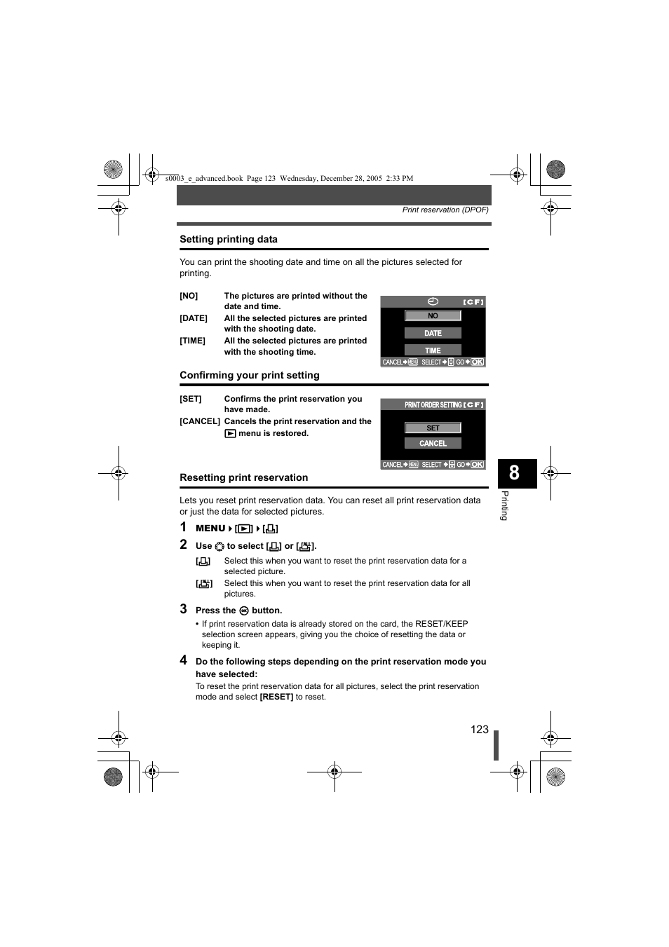 Setting printing data, G p. 123), Confirming your print setting | Olympus EVOLT E-330 User Manual | Page 123 / 196