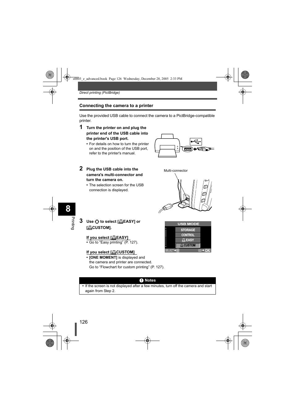 Connecting the camera to a printer, G p. 126) and chapte, G“connecting the camera to a printer” (p. 126) | Olympus EVOLT E-330 User Manual | Page 126 / 196