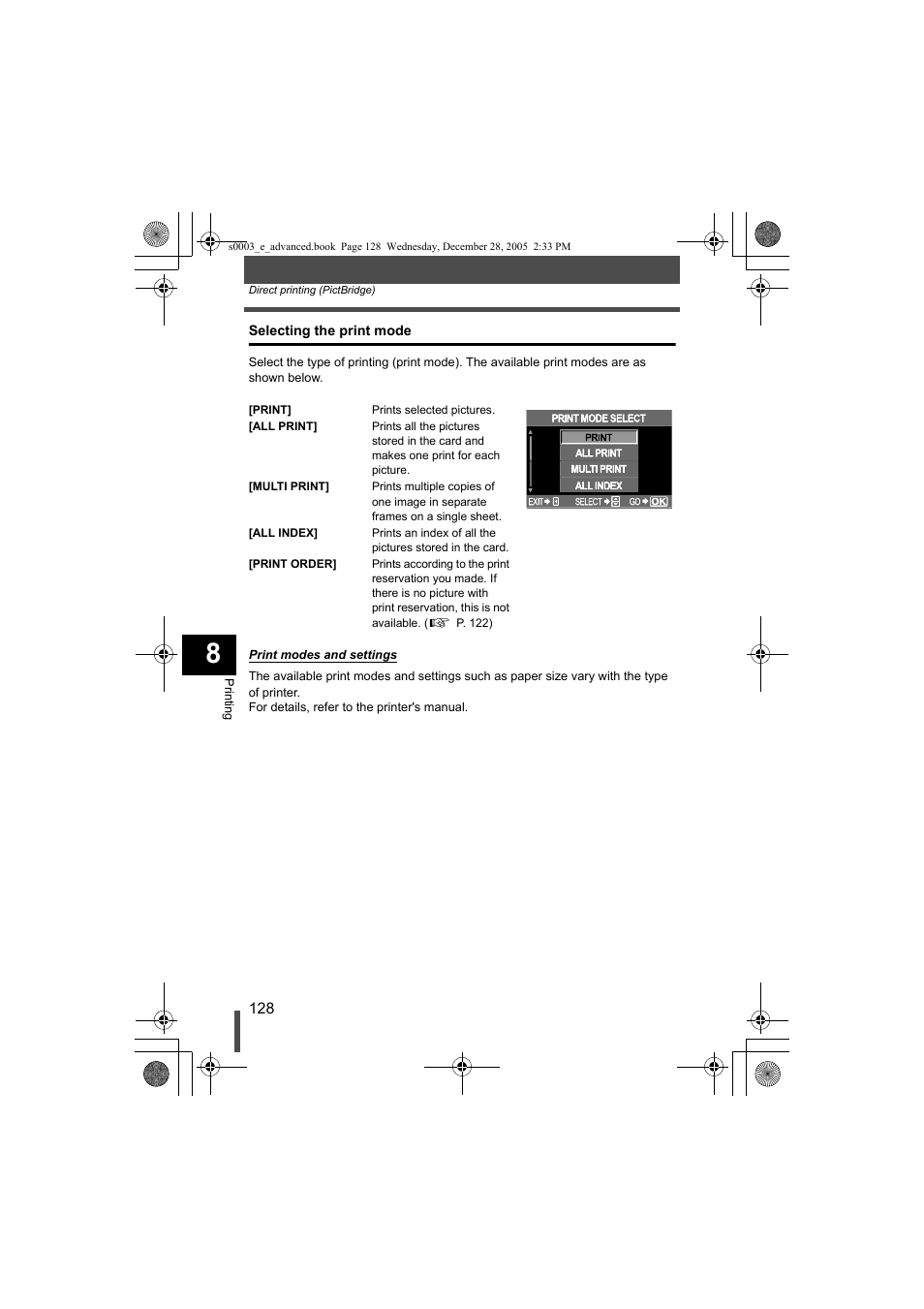 Selecting the print mode, G p. 128) | Olympus EVOLT E-330 User Manual | Page 128 / 196