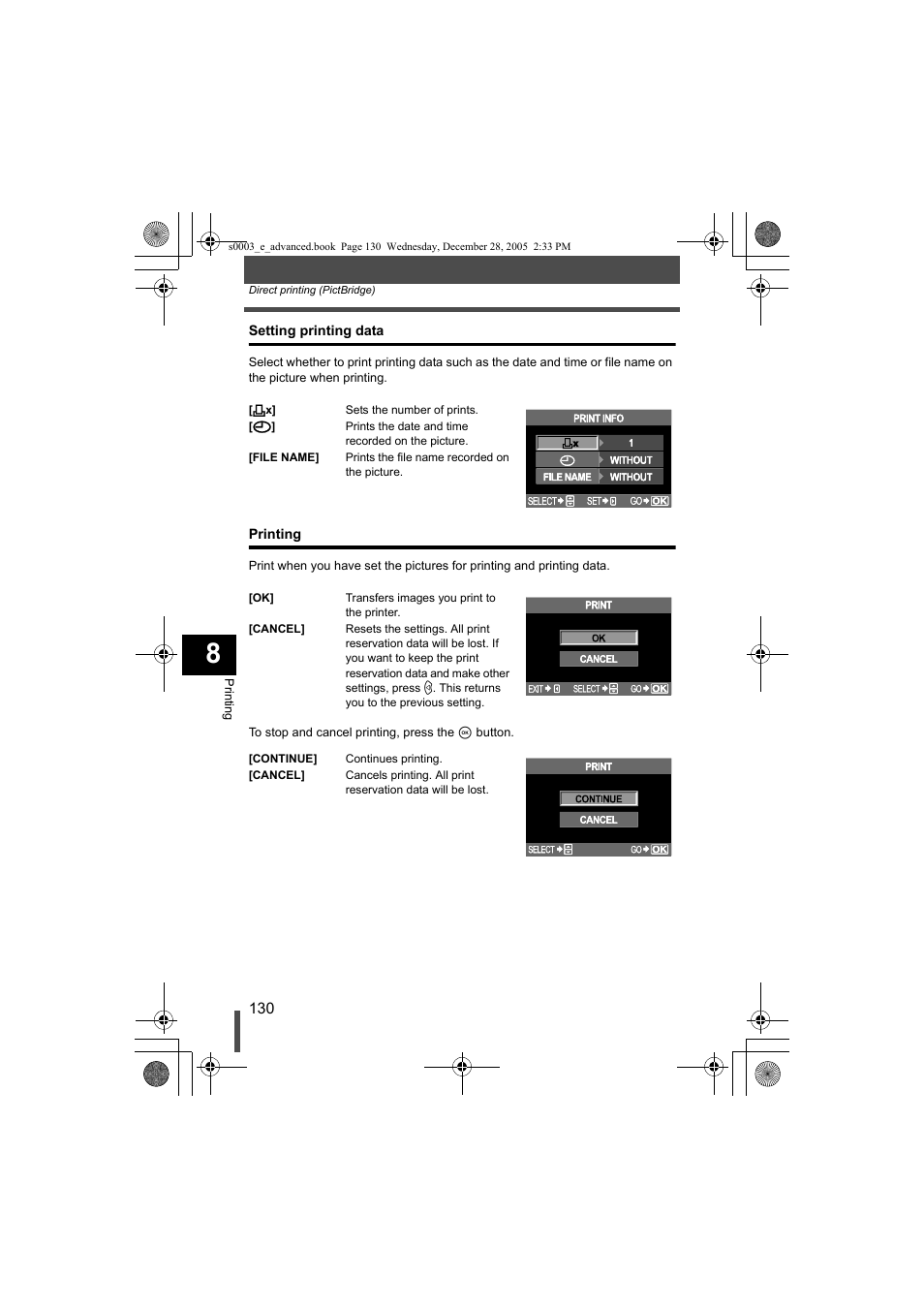 Setting printing data printing, Setting printing data, G p. 130) | Printing | Olympus EVOLT E-330 User Manual | Page 130 / 196