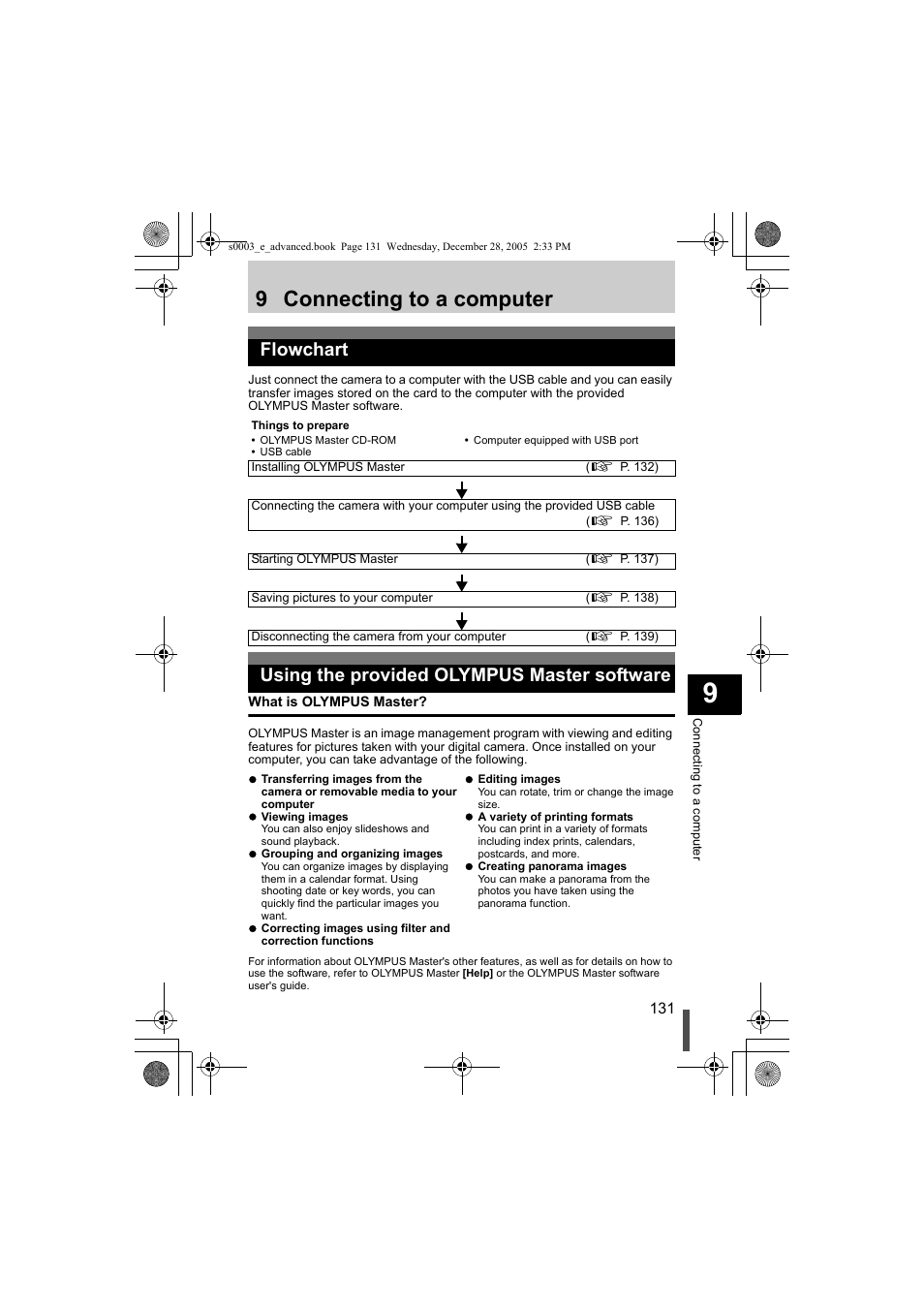 What is olympus master, 9 connecting to a computer, Flowchart | Using the provided olympus master software | Olympus EVOLT E-330 User Manual | Page 131 / 196