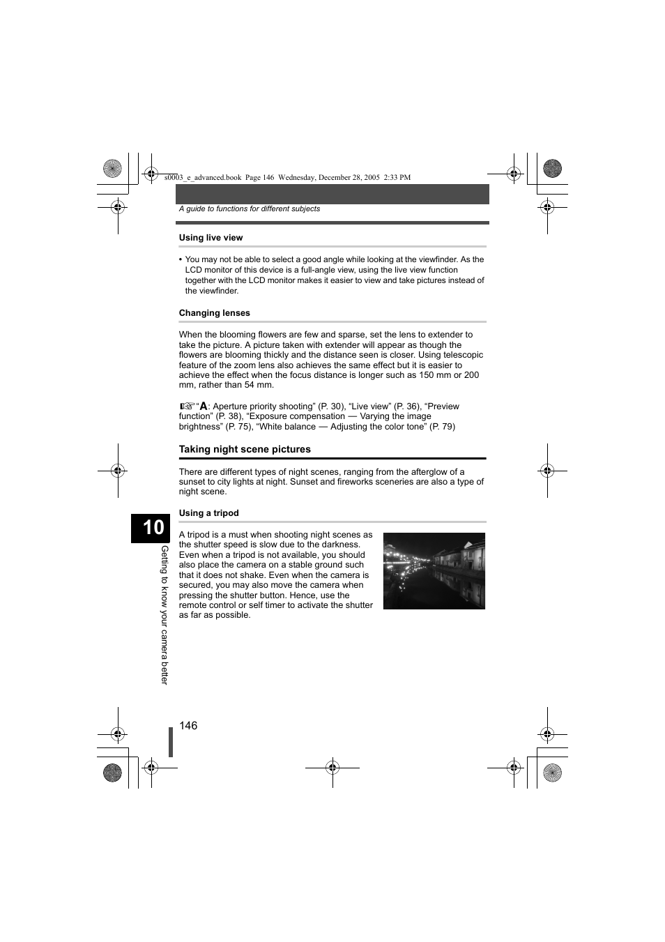 Taking night scene pictures | Olympus EVOLT E-330 User Manual | Page 146 / 196