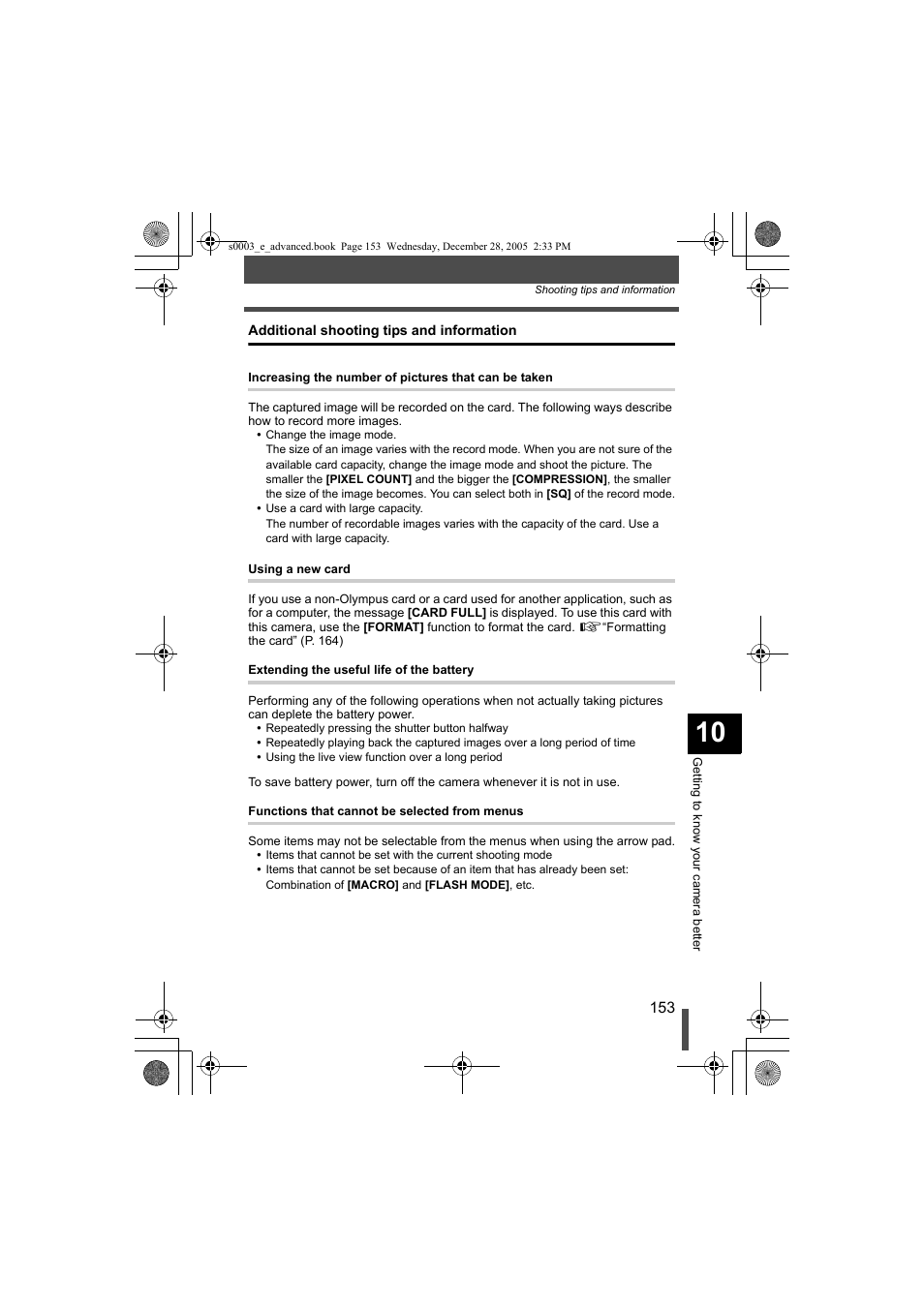 Additional shooting tips and information | Olympus EVOLT E-330 User Manual | Page 153 / 196