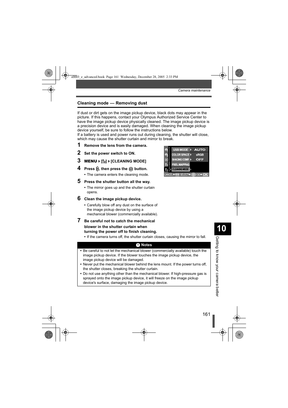 Cleaning mode, K removing dust | Olympus EVOLT E-330 User Manual | Page 161 / 196