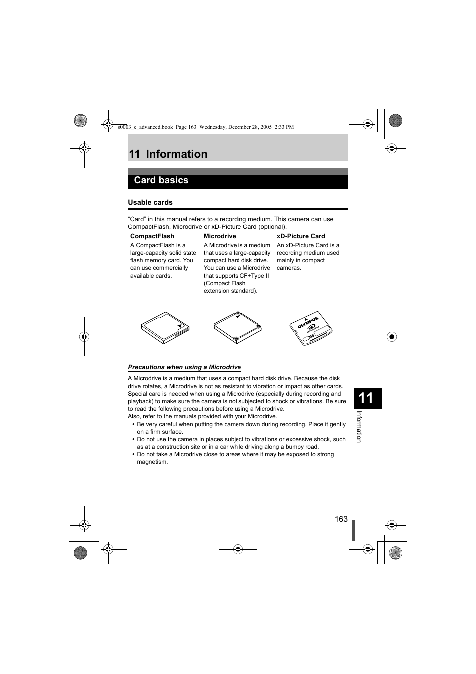 Card basics, Usable cards, 11 information | Olympus EVOLT E-330 User Manual | Page 163 / 196