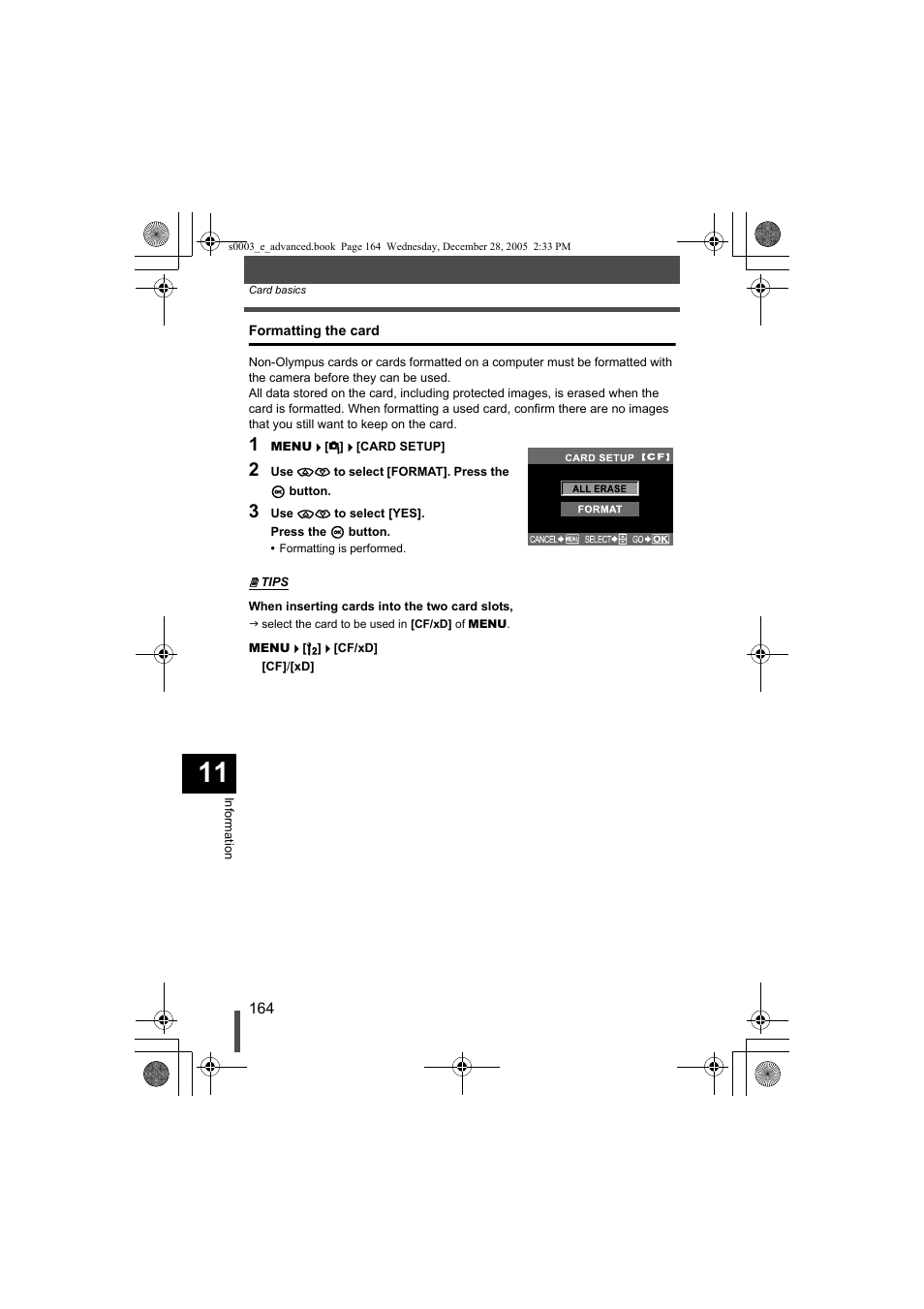 Formatting the card | Olympus EVOLT E-330 User Manual | Page 164 / 196