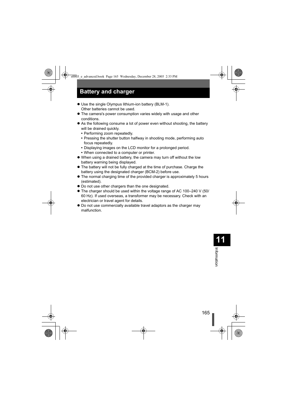 Battery and charger | Olympus EVOLT E-330 User Manual | Page 165 / 196