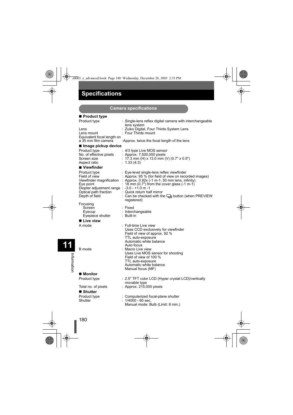 Specifications | Olympus EVOLT E-330 User Manual | Page 180 / 196