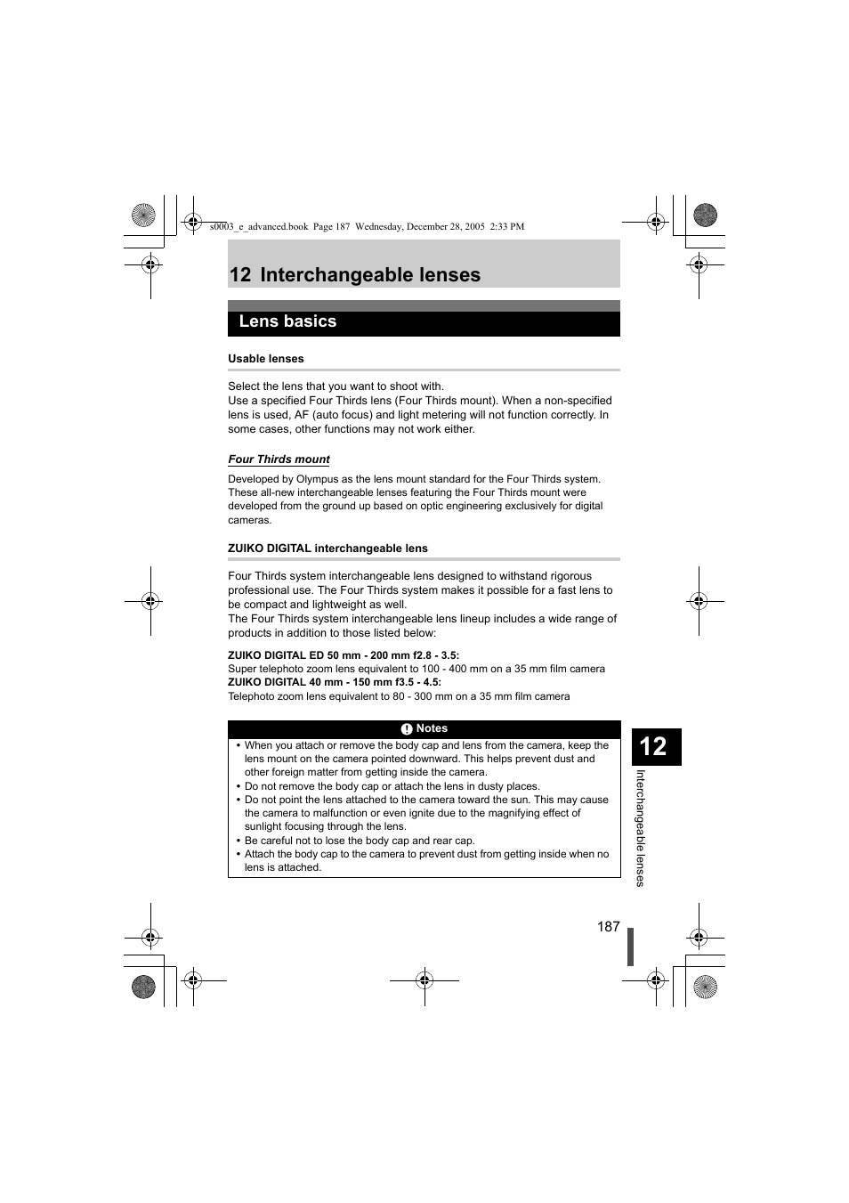 Lens basics, 12 interchangeable lenses | Olympus EVOLT E-330 User Manual | Page 187 / 196