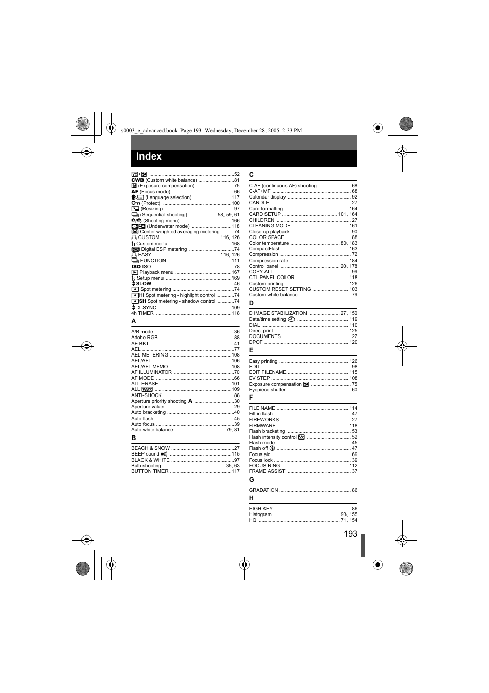 G p. 193, Index | Olympus EVOLT E-330 User Manual | Page 193 / 196