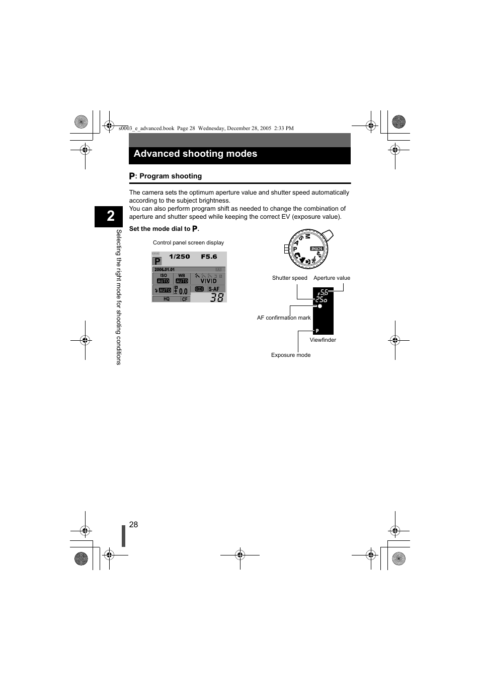 Advanced shooting modes, P: program shooting, G p. 28) | Olympus EVOLT E-330 User Manual | Page 28 / 196