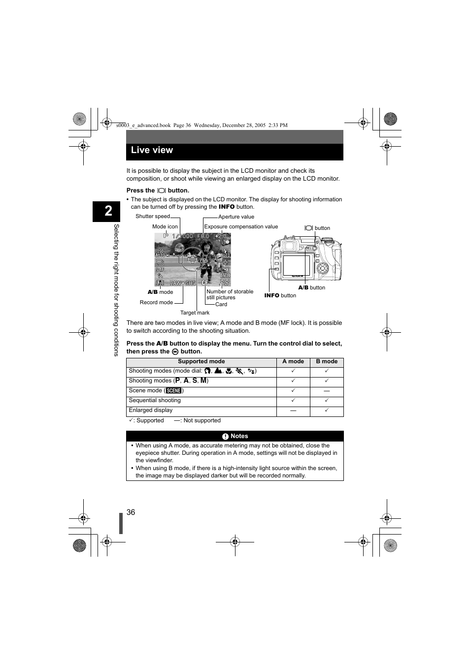 Live view, P. 36 | Olympus EVOLT E-330 User Manual | Page 36 / 196