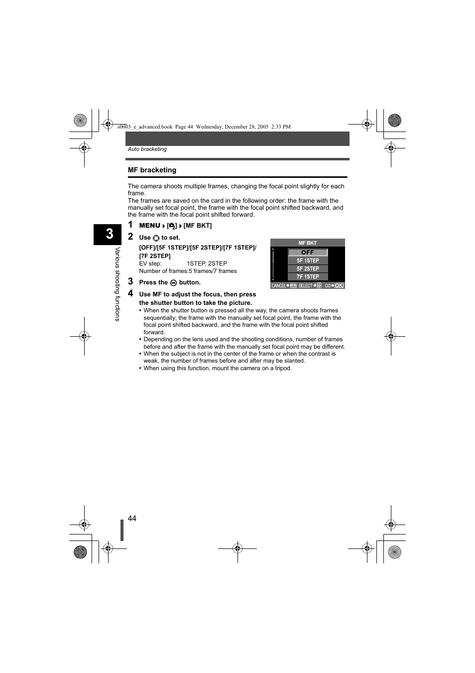 Mf bracketing, P. 44 | Olympus EVOLT E-330 User Manual | Page 44 / 196