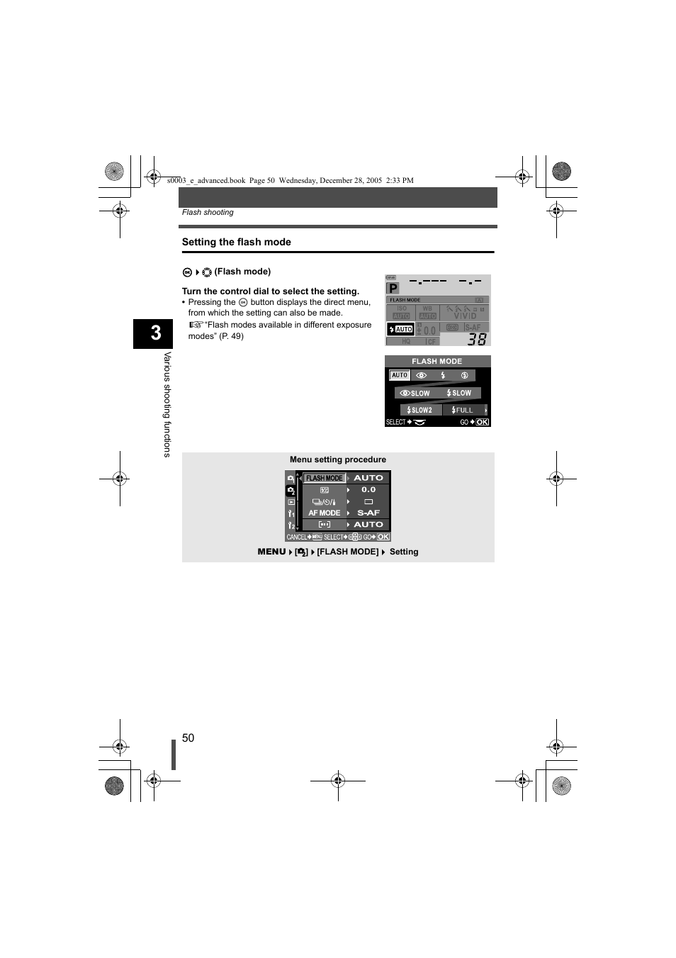 Setting the flash mode | Olympus EVOLT E-330 User Manual | Page 50 / 196